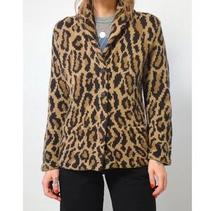 Lauren Ralph Lauren Leopard Print Lambswool Cardigan Sweater Button Front Sz Med